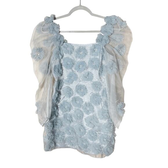 LoveShackFancy Wells Puff Sleeve Mini Dress Organza Glacier Blue Size 2 NEW - Picture 2 of 9